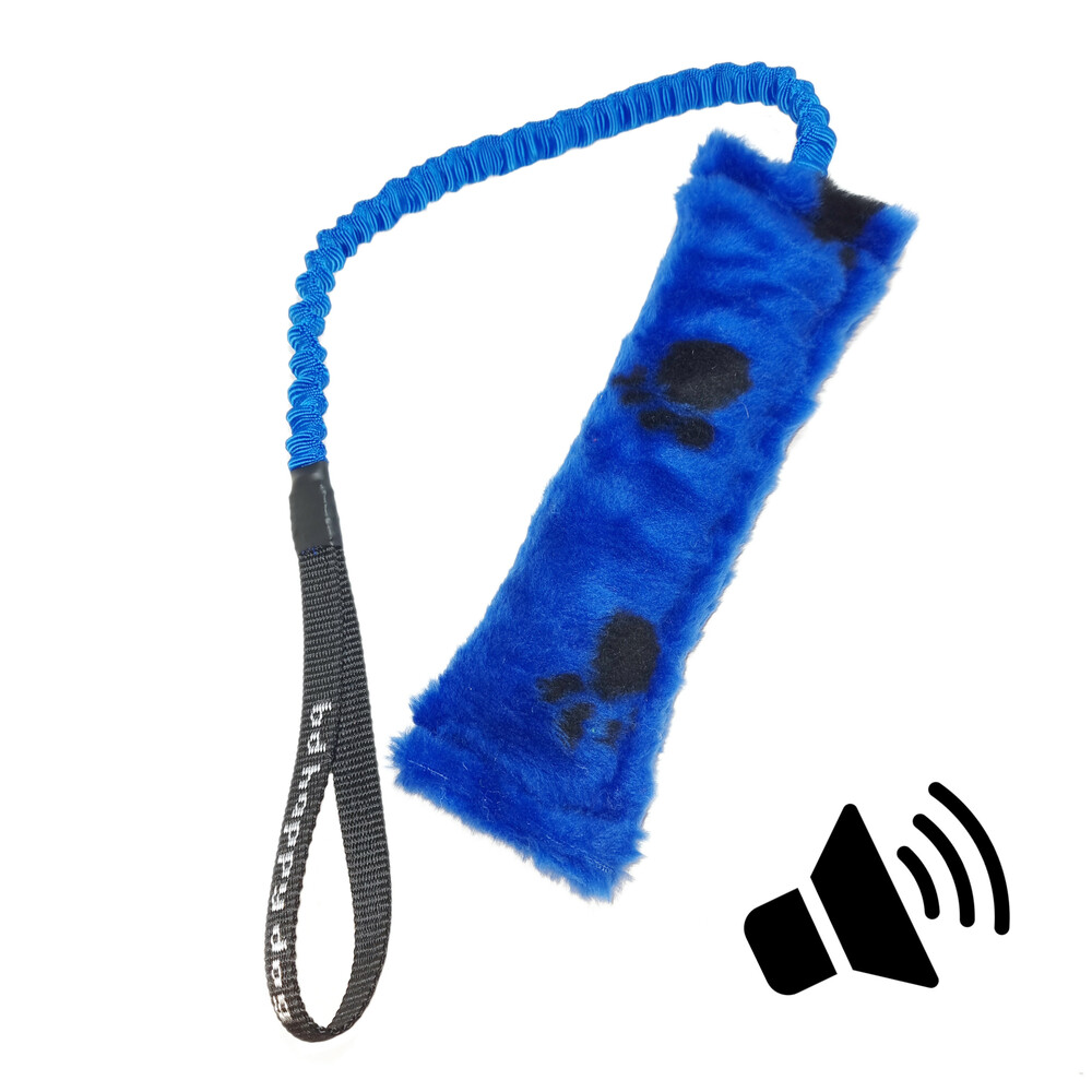 Plush bite tug with squeak and bungee handle